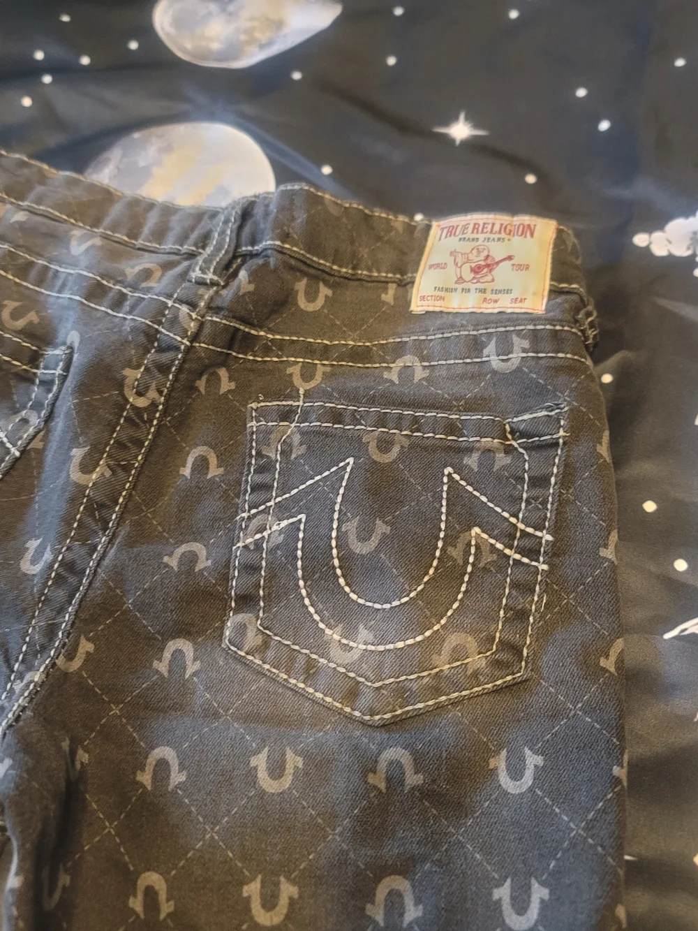True Religion Black Denim Shorts with Gray Logo Print Size 16 Boys